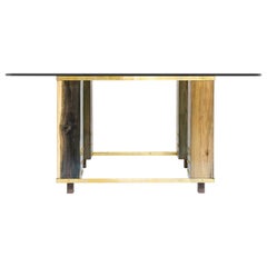 Customizable Square Dining Table with Mahoe Wood and Brass Base 