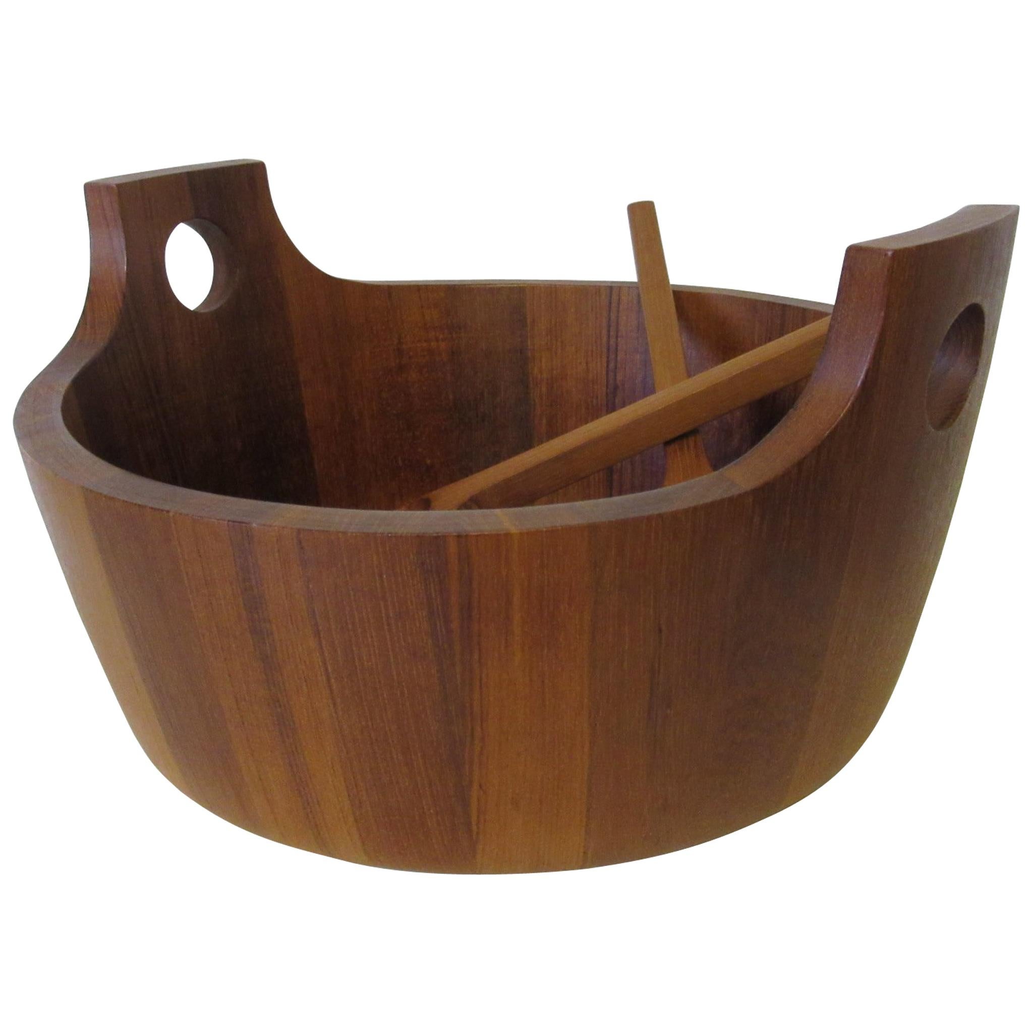 Large Staved Teak Salad Bowl with Spoons by Richard Nissen, Denmark