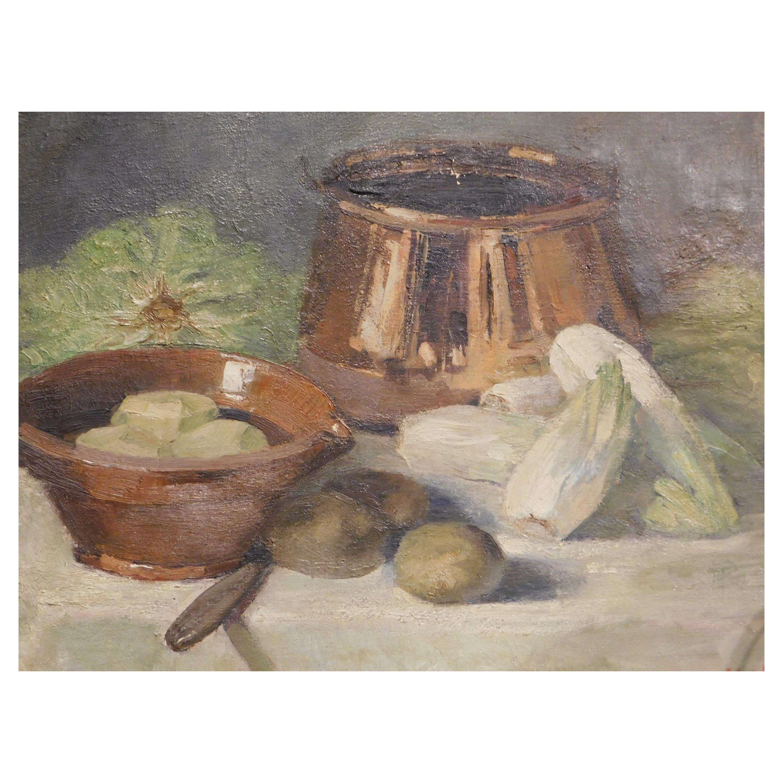 Flemish Still Life Painting with Vegetables and a Copper Pot For Sale