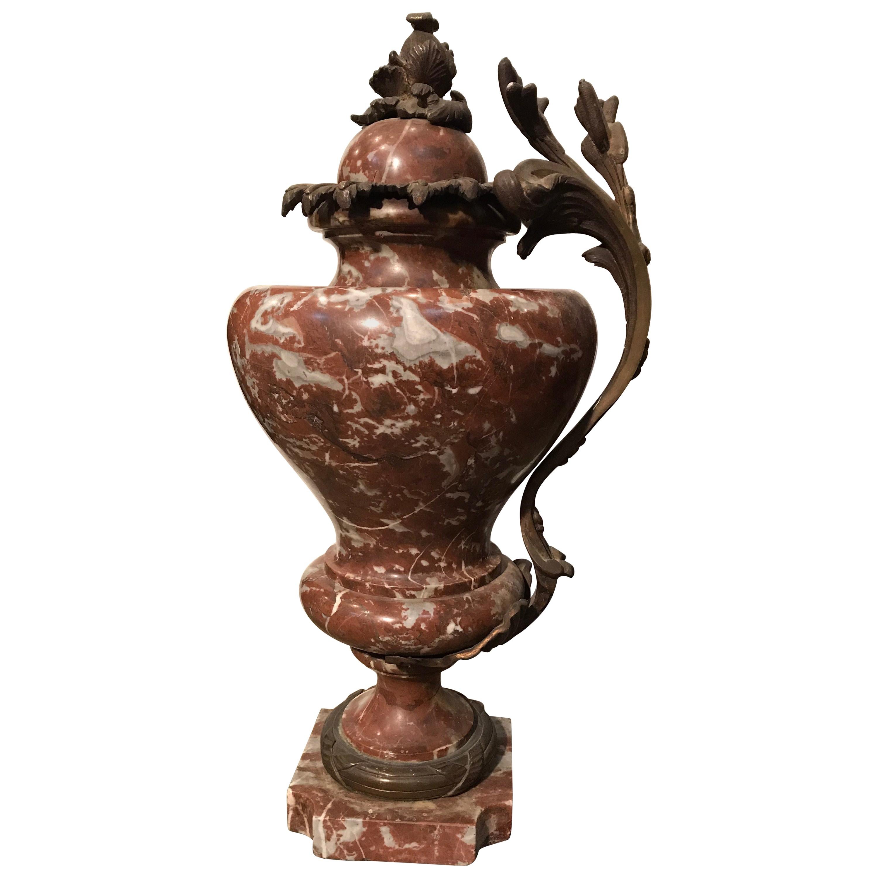 Red Jasper Marble Urn with Bronze Handle For Sale