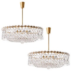 Pair of Bakalowits Chandeliers Pendant Lights, Crystal Glass Gilt Brass, 1960