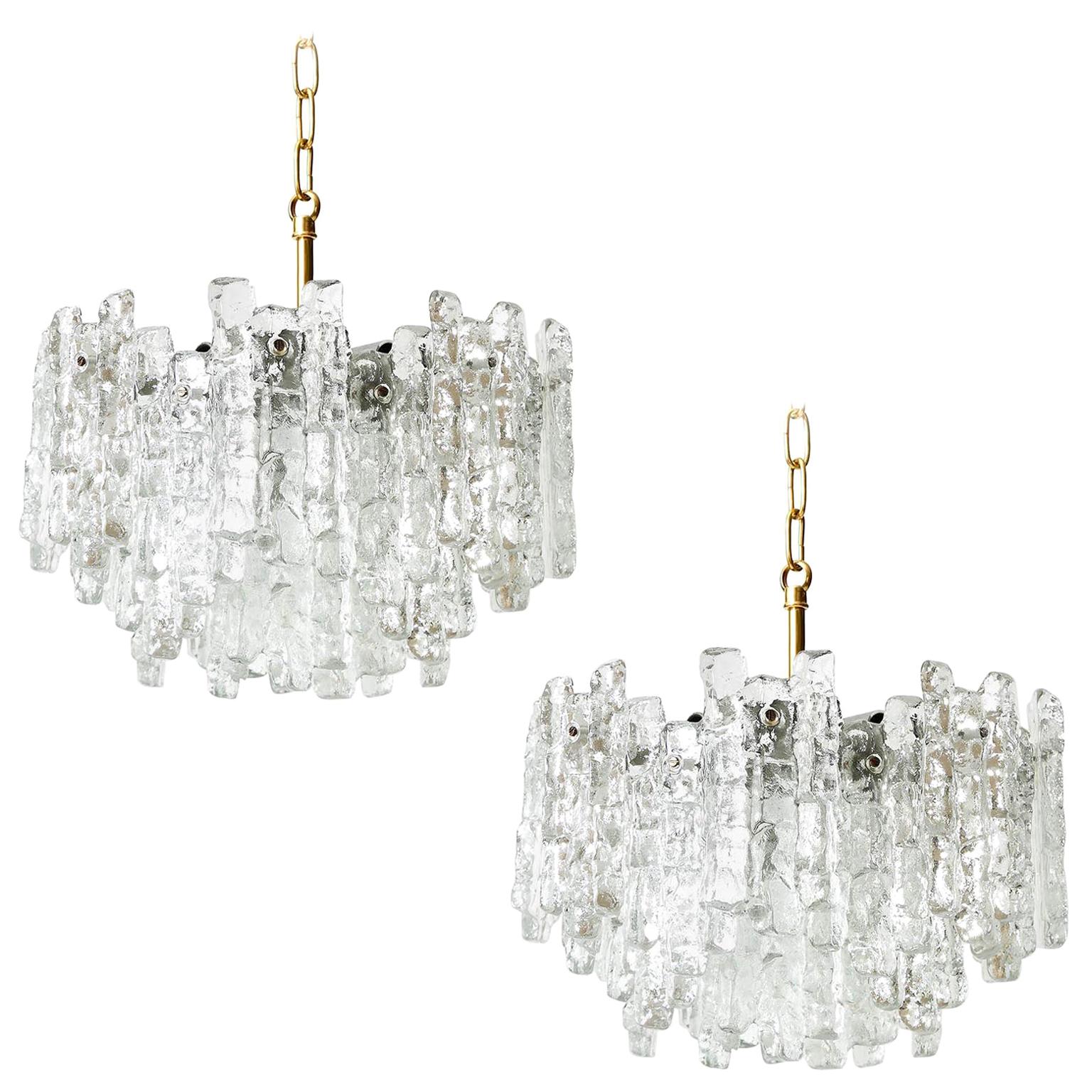 Pair of Kalmar Ice Glass Chandeliers Pendant Lights, 1970 For Sale