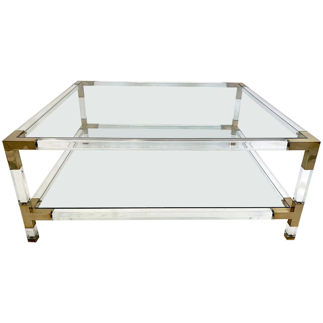 Large Square Coffee Table, Lucite and Brass, 1970 For Sale