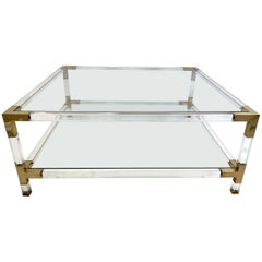 Large Square Coffee Table, Lucite and Brass, 1970