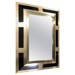 Philippe Jean Brushed Brass Finish and Black Lucite Mirror, Signed
