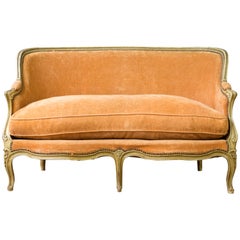 Small French Louis XV Style Settee in Pale Apricot Velvet