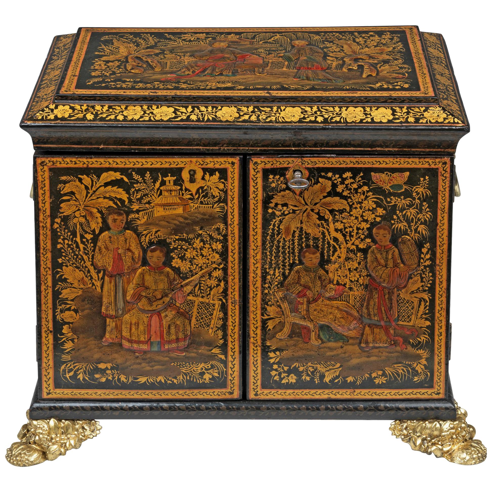 Exceptional Regency Black Miniature Japanned Cabinet For Sale