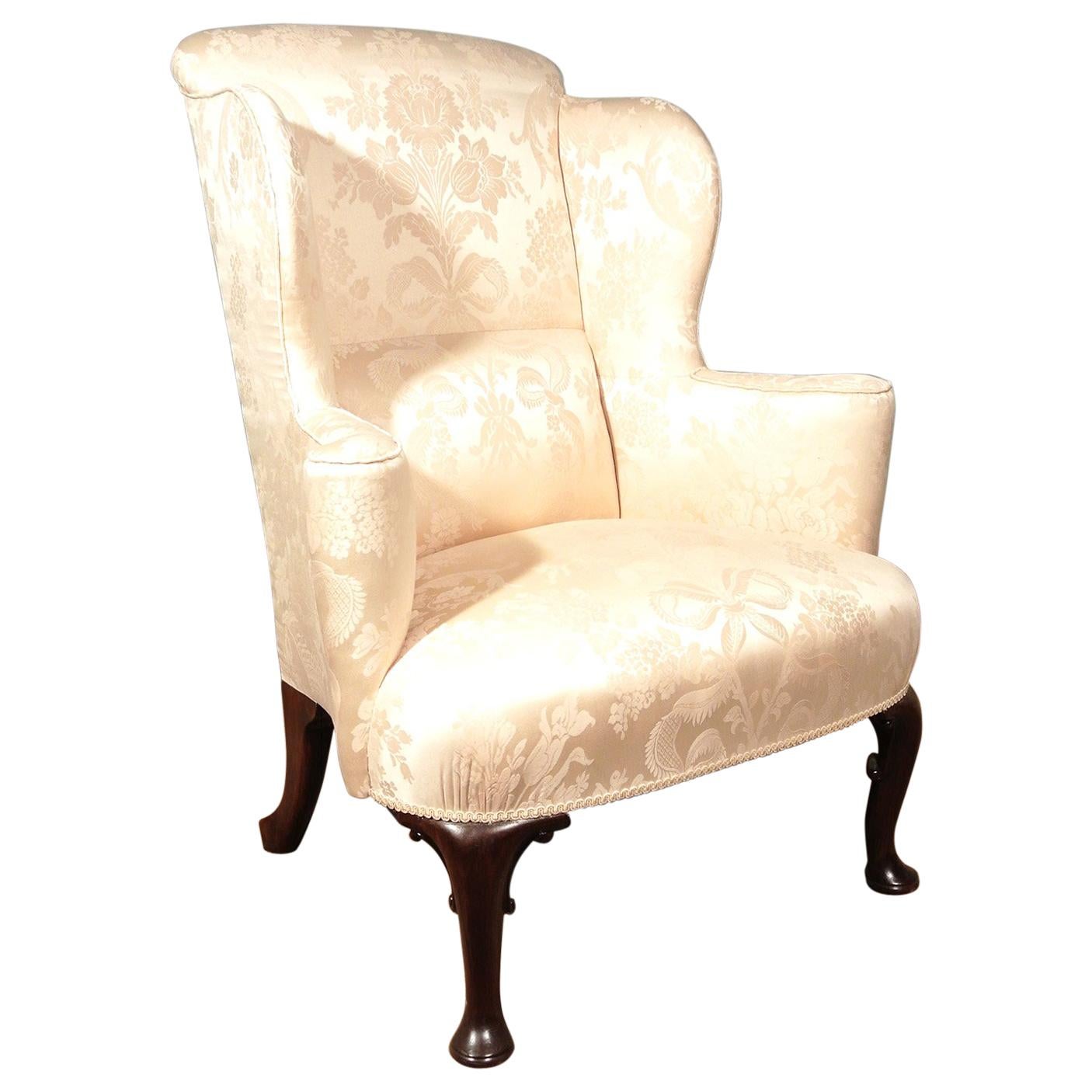 George III Walnut Wing Back Chair in Pale Cream, circa 1780 For Sale
