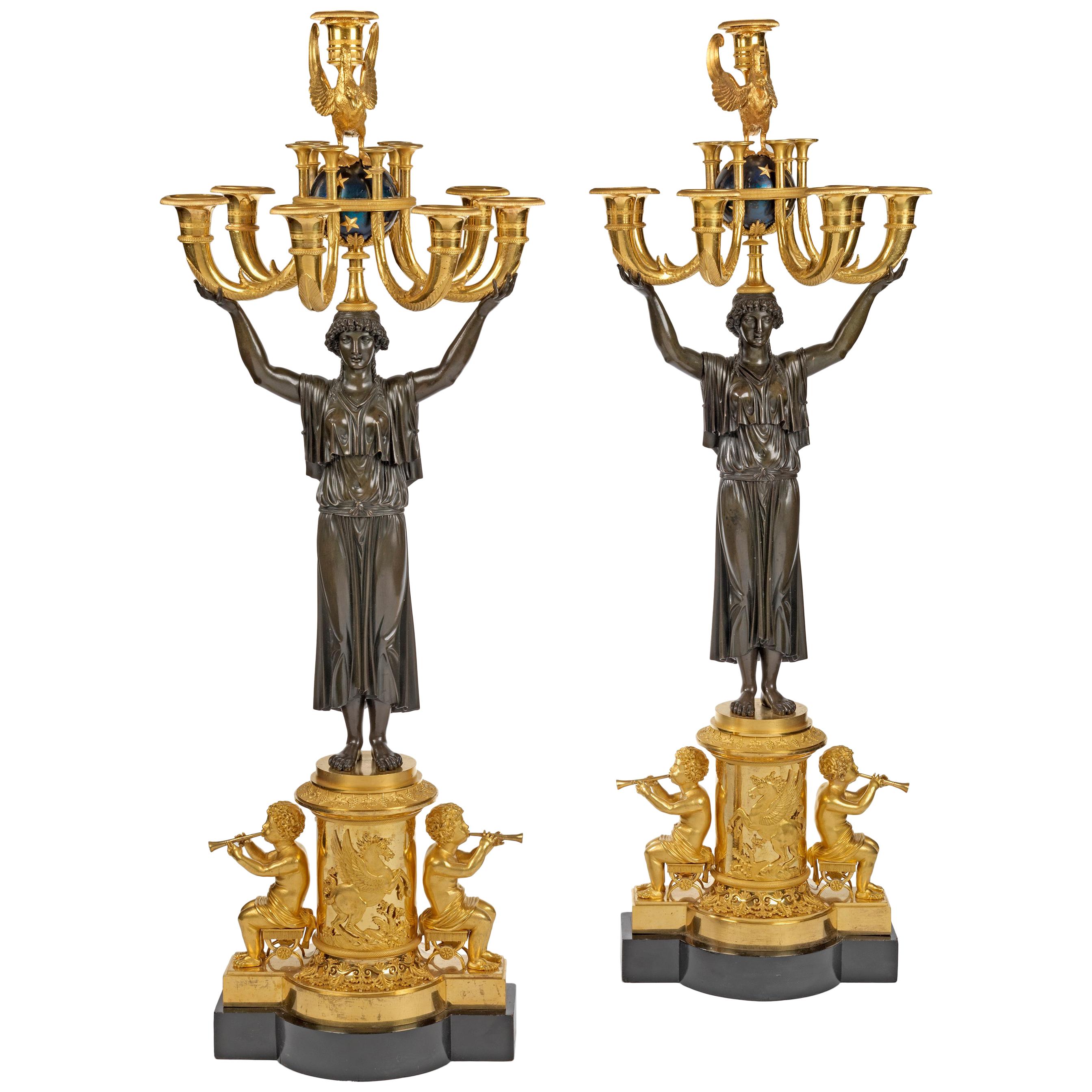 A Pair of Directoire Ormolu, Patinated and Blued-Steel Seven Light Candelabra  For Sale