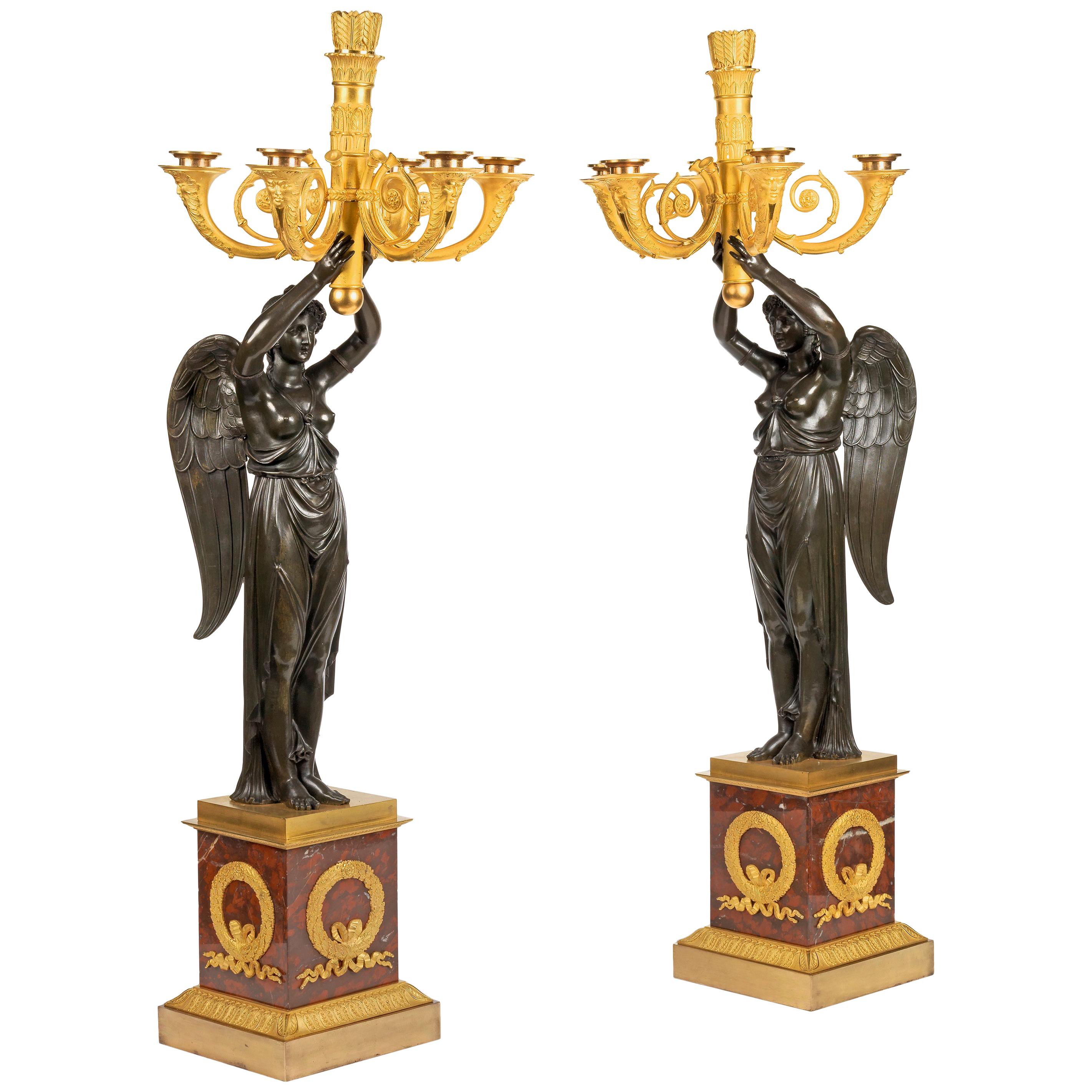 Pair of Empire Ormolu, Patinated Bronze Five-Light Candelabra For Sale
