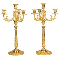 Pair of Empire Ormolu, Patinated Bronze Five Light Candelabra