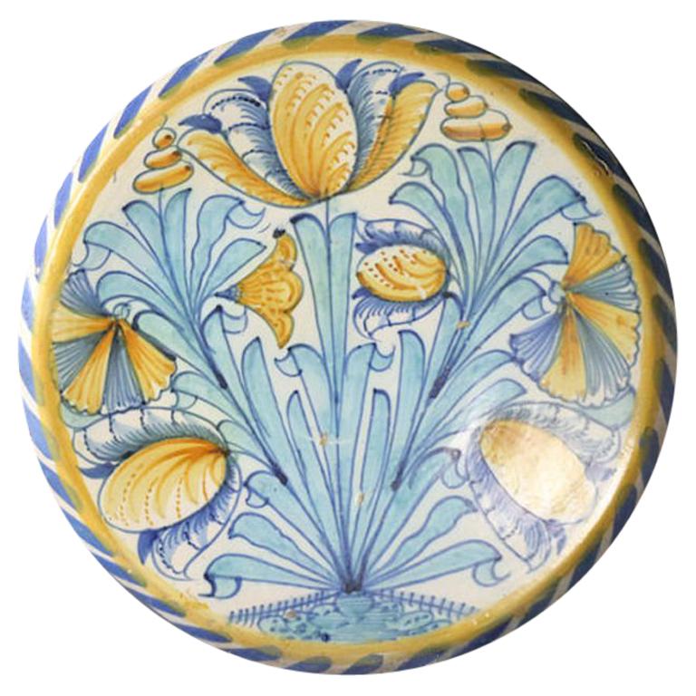 English Delftware Blue Dash Charger with Tulips & Carnations London 17th Century For Sale
