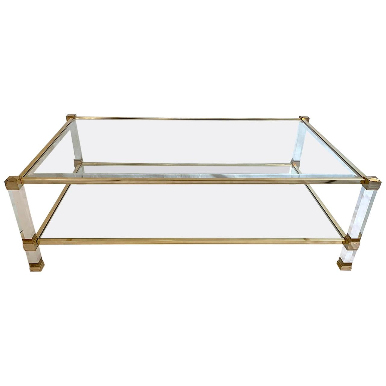 Two-Tier Lucite and Brass Coffee Table by Pierre Vandel