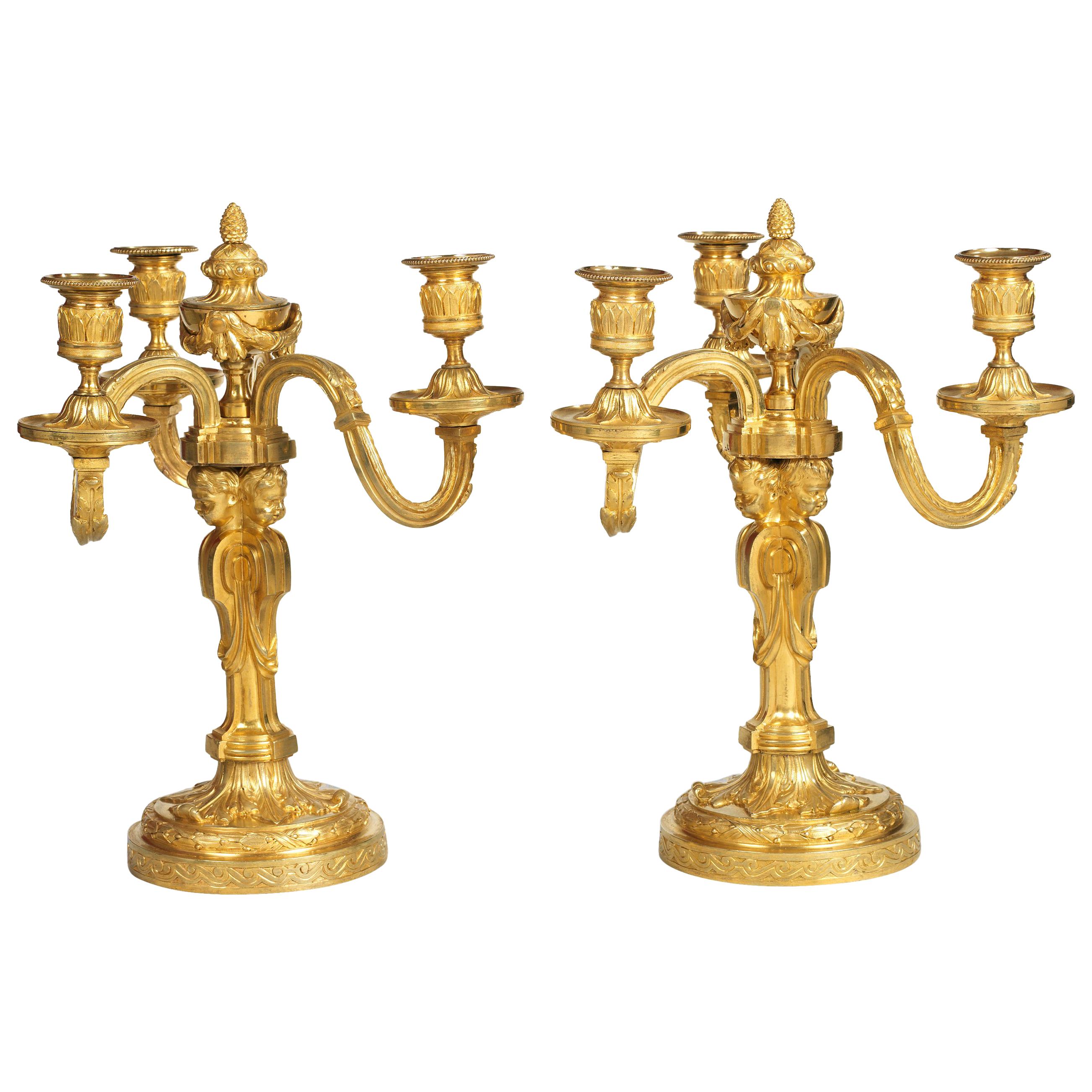 Pair of Louis XVI Three-Light Gilt Bronze Candelabra For Sale