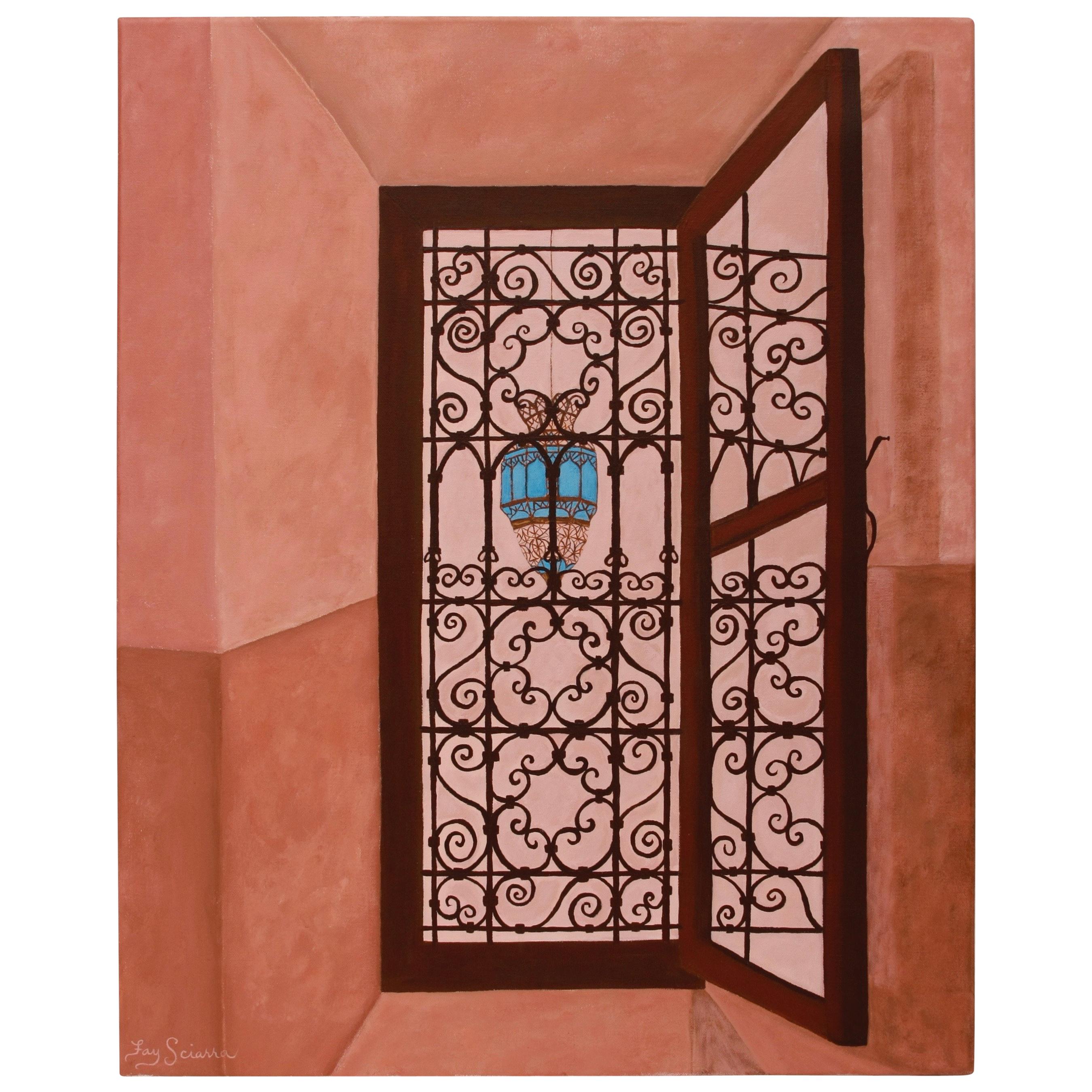 Original Painting on Canvas of Moroccan Riad Window and Light Pendant