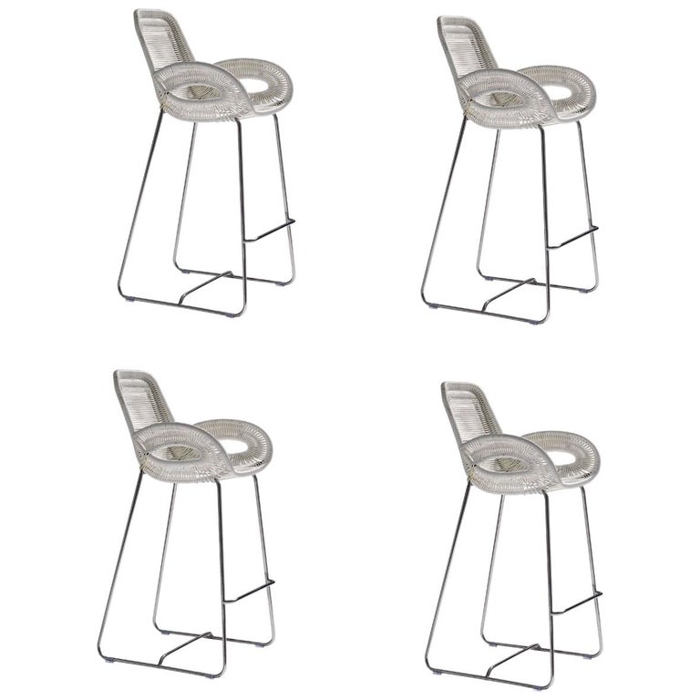 Set Of 4 Outdoor Bar Stools Handwoven White Or Black With Stainless Set Of 4 Outdoor Bar Stools Handwoven White Or Black With Stainless Steel Base For