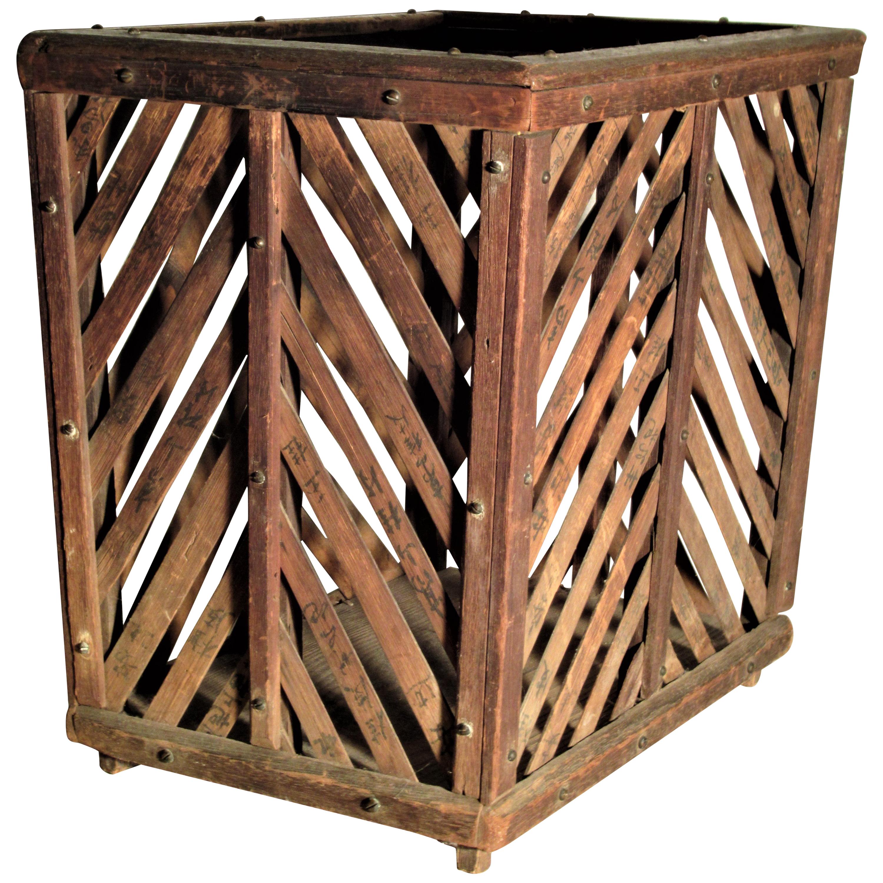 Antique Chinese Wood and Bamboo Slat Basket