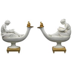 Fine Pair of Louis XVI Sèvres, L’etude Et La Philosophie, Oil Lamps