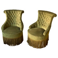 Pair of French Tufted Armchairs with Matching Ottoman