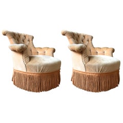 Pair of Tufted French Armchairs with Fringe