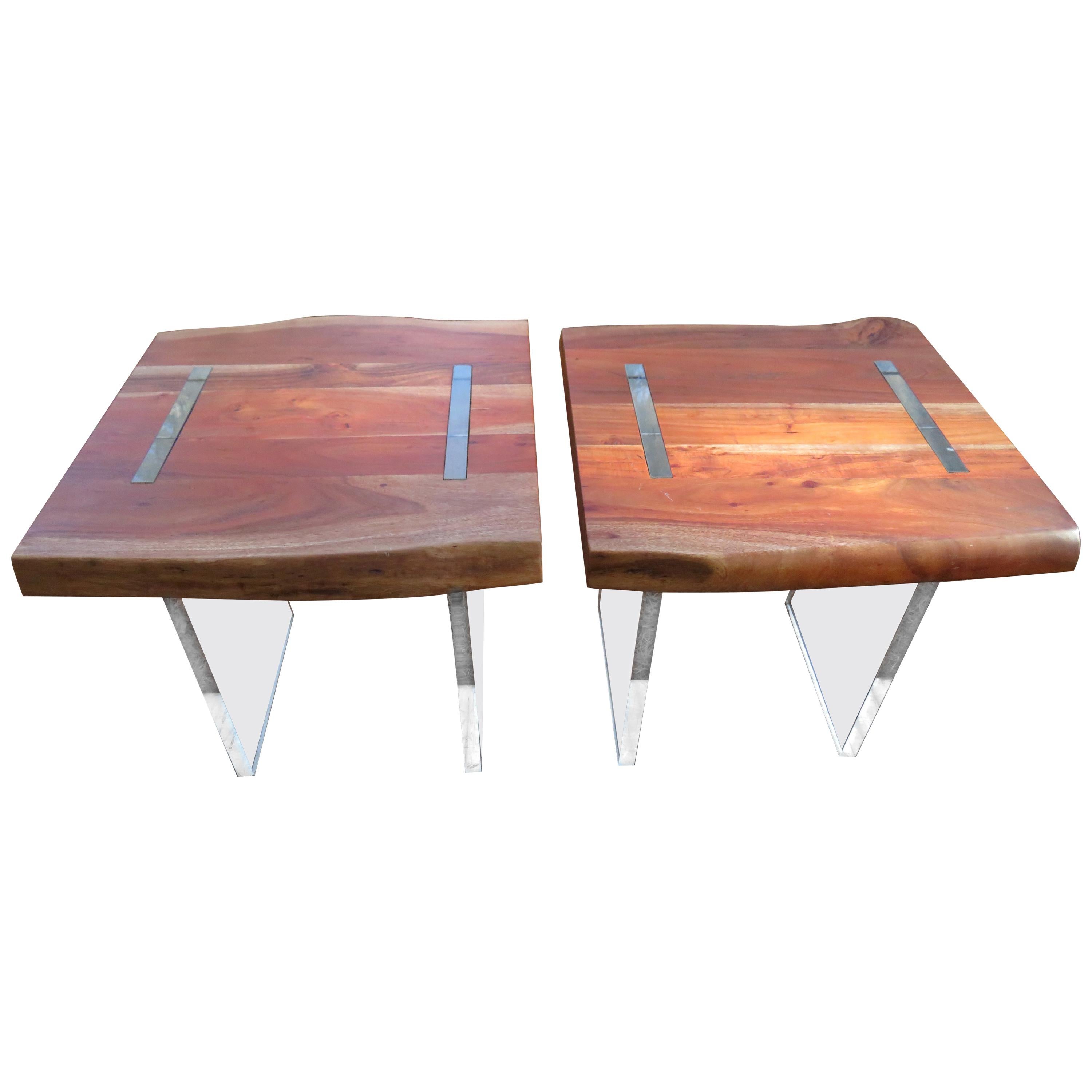 Handsome Pair of Walnut Lucite Live Edge Side End Tables For Sale