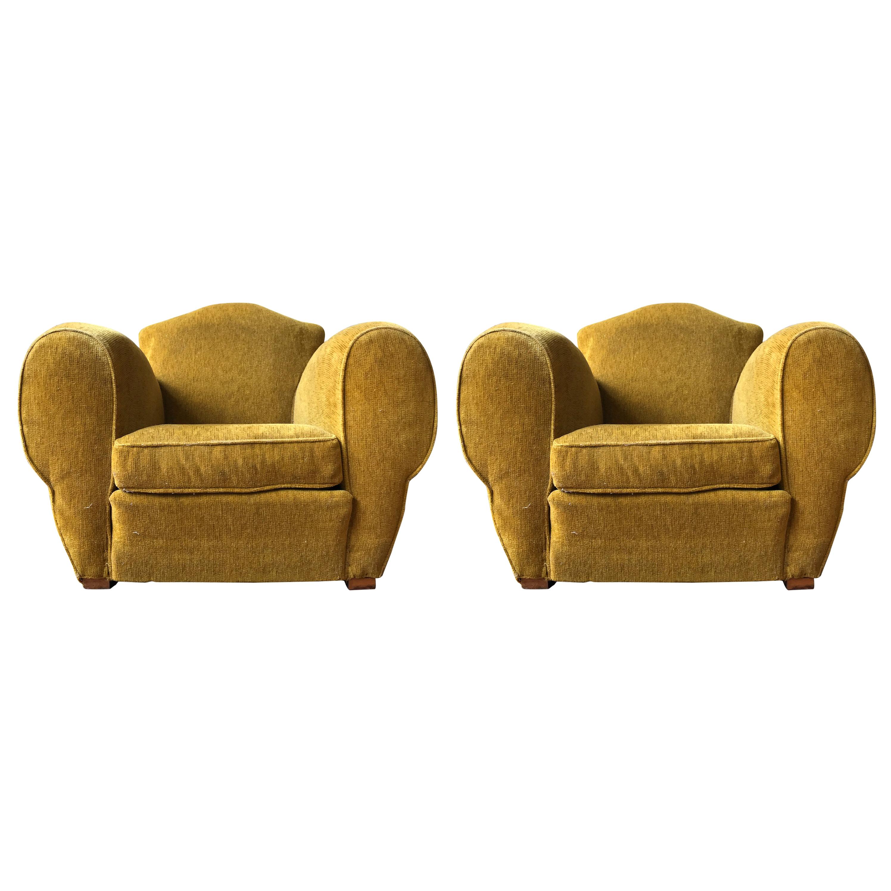 Pair of French Art Deco Style Armchairs in Gold Velvet