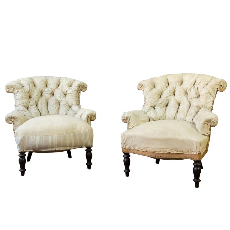 Pair of 19th Century French Tufted Armchairs in Muslin