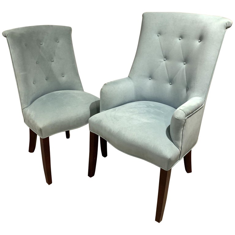 Modern Set 14 Light Blue Ultra Suede Barrel Back Button Tufted Arm Side Chairs 1