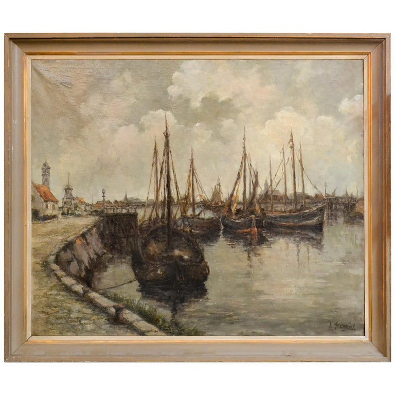 19th Century Continental Oil of Harbor Scene For Sale