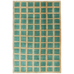 Vintage Green and Yellow Minimalist Mid-Century Modern design Turkish  rug