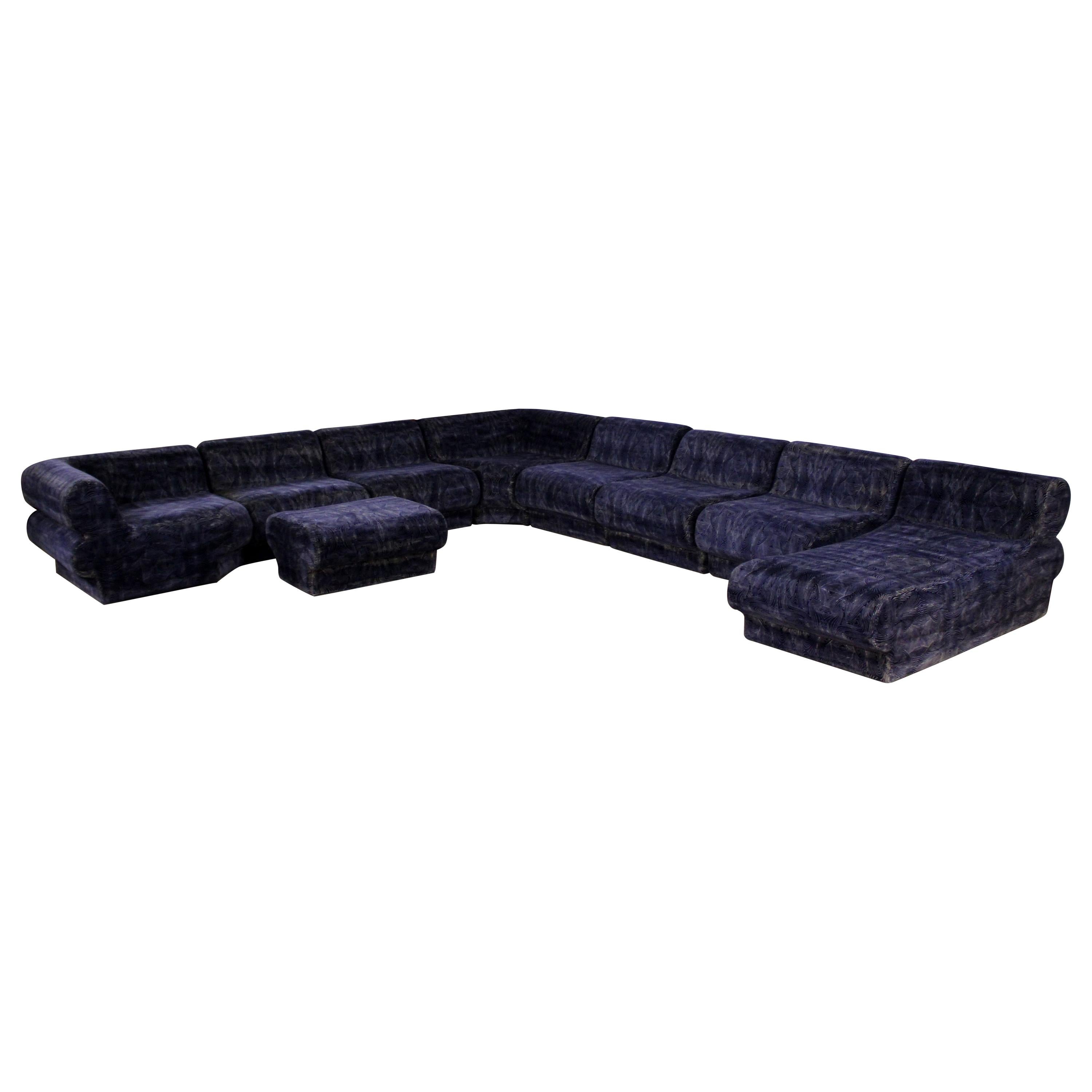 Mid-Century Modern 9-Piece Modular Serpentine Preview Blue Velvet Sectional Sofa