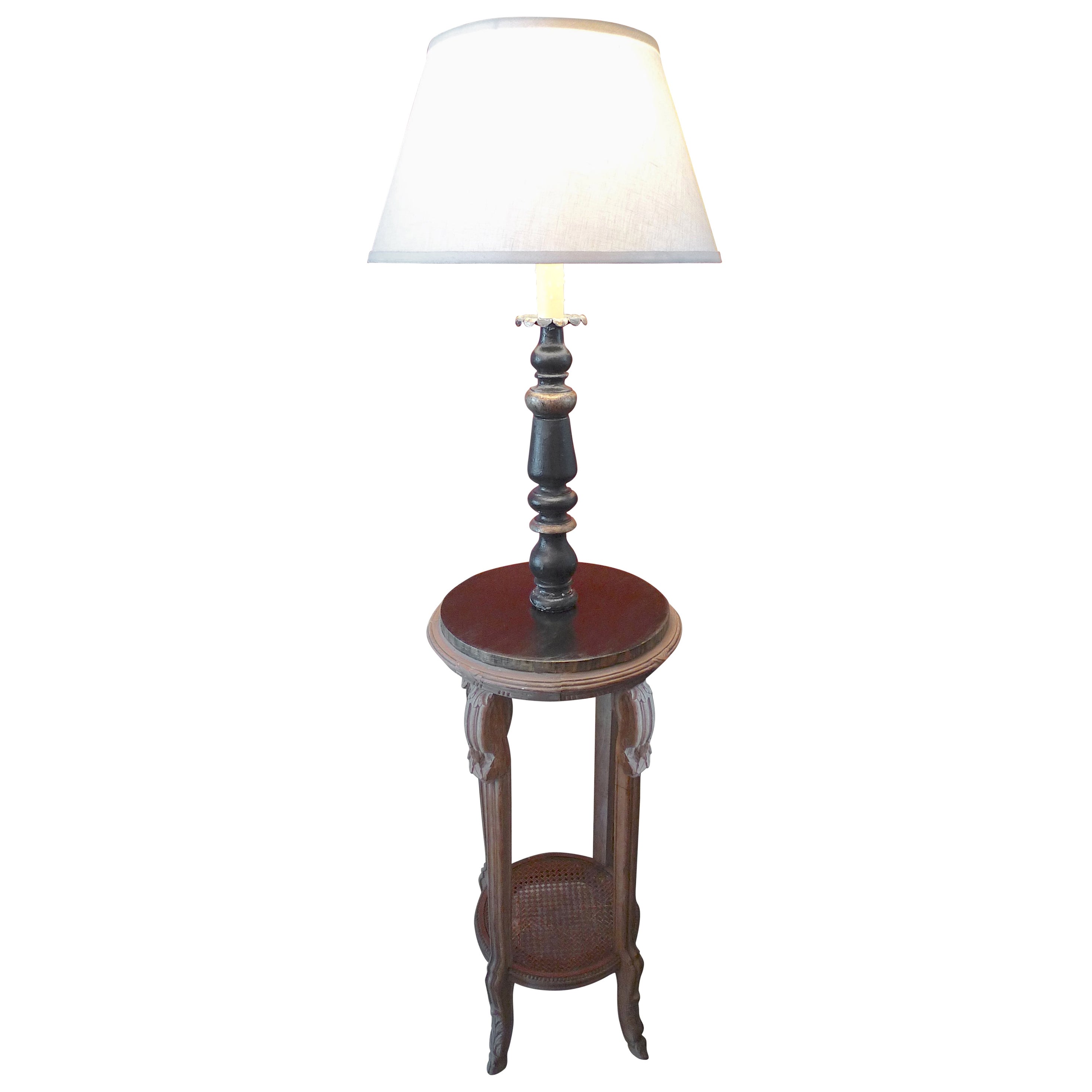 French 19th Century Floor Lamp On Hand Carved Pedestal With Bottom Wicker Shelf