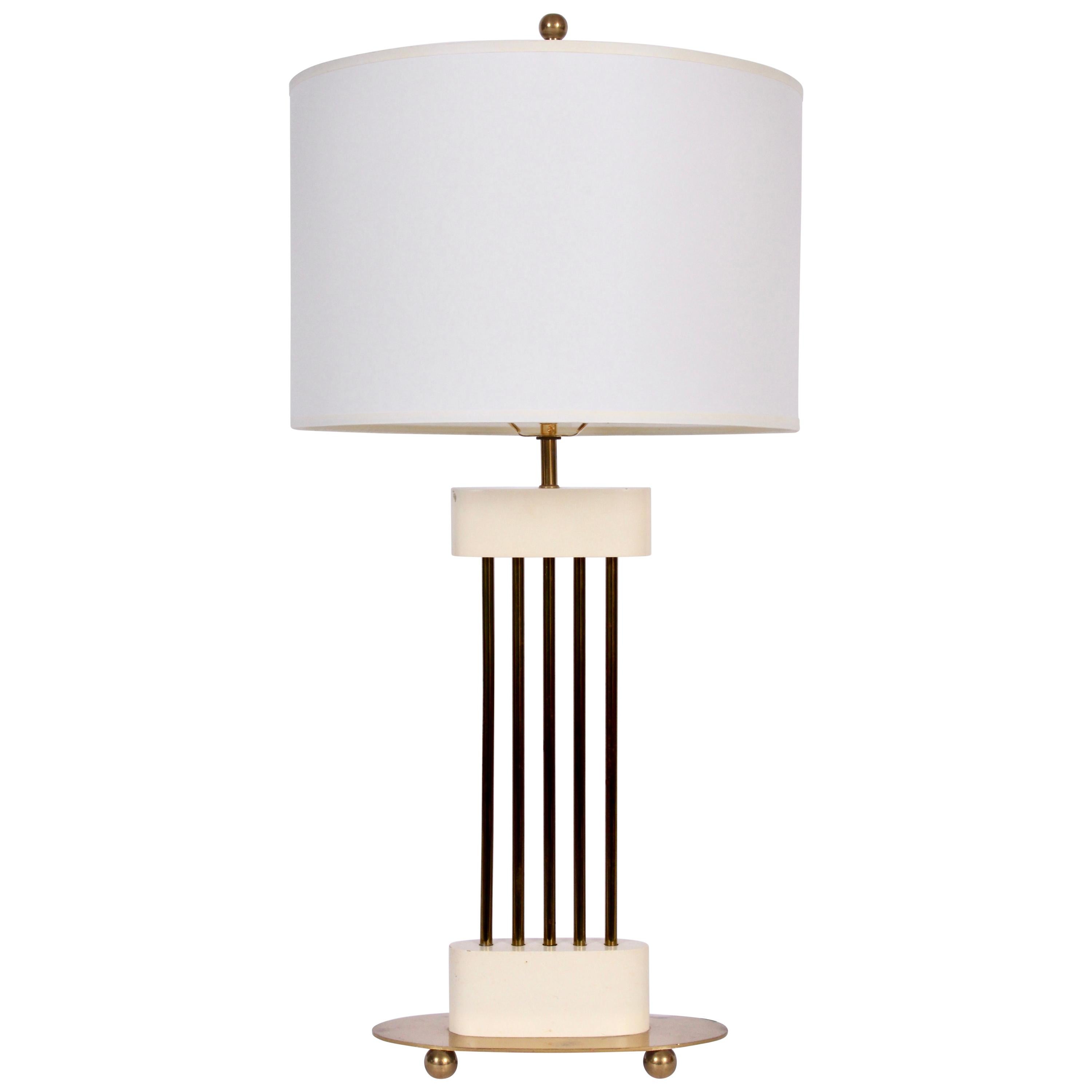 Parzinger Style Mutual Sunset Cream & Brass Spindle Columns Table Lamp, 1950s