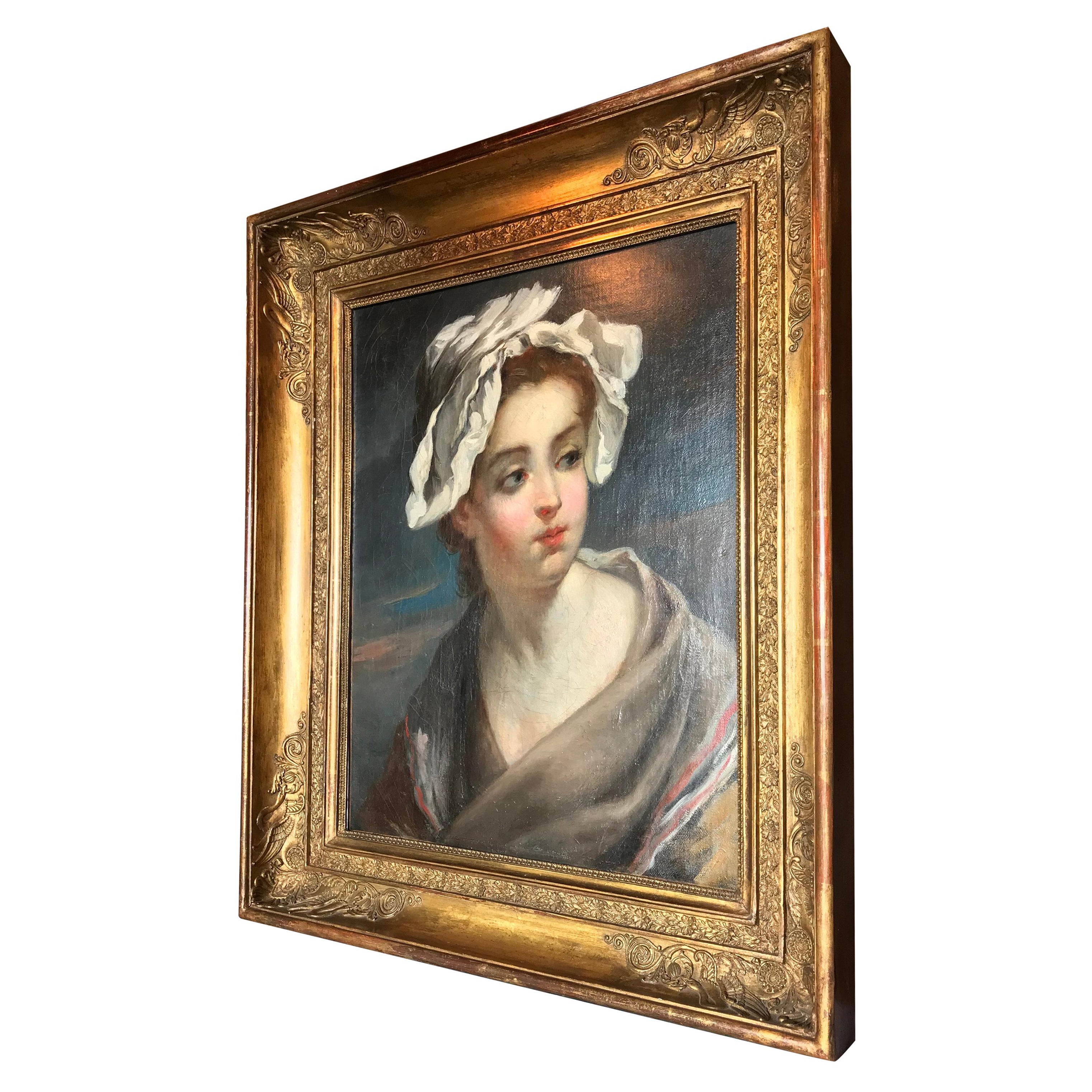 18th C. School Jean Baptiste Greuze Peasant Child in a White Bonnet Antiques LA