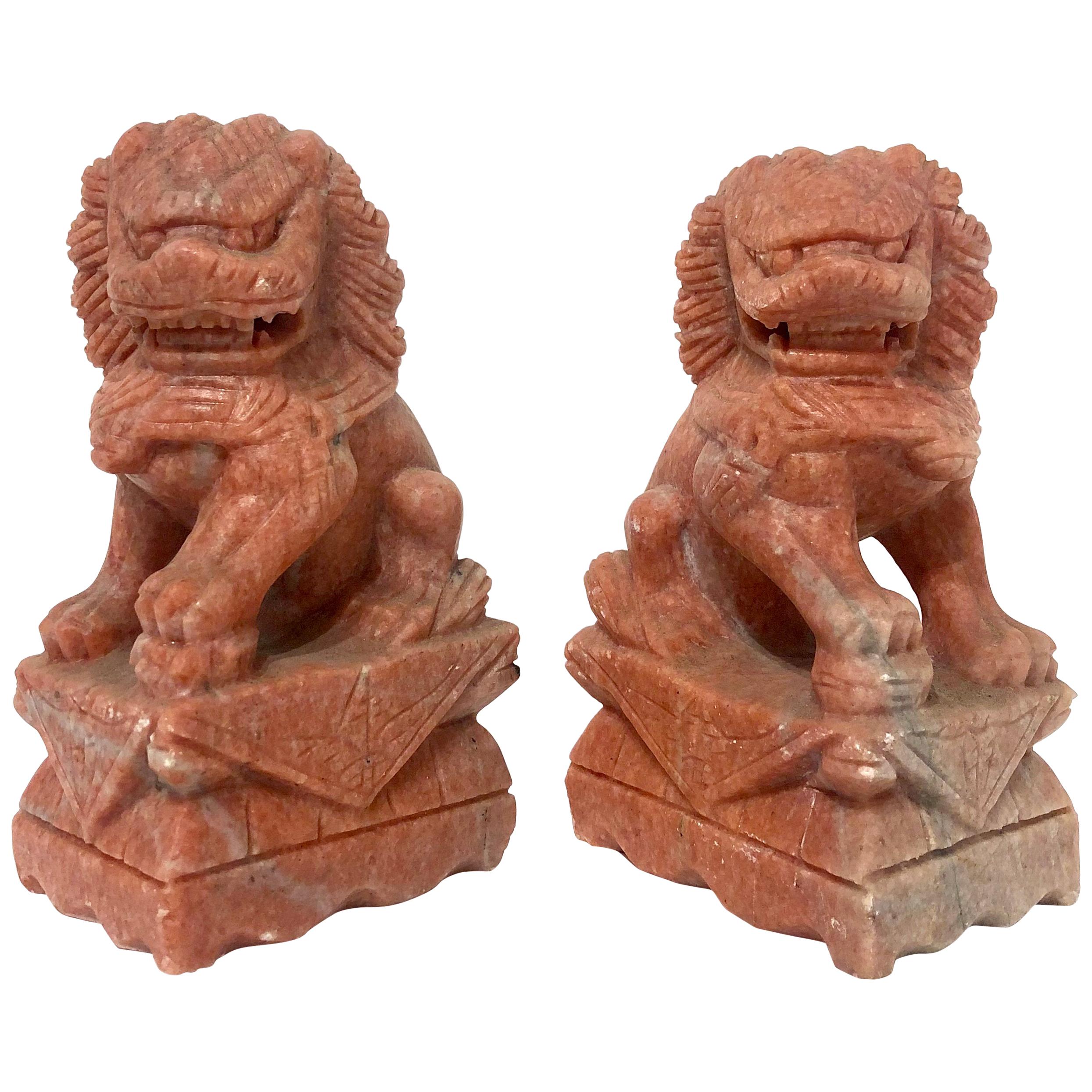 Unique Pair of Decorative Foo Dogs Temple Lion Bookends Marble Sculptures