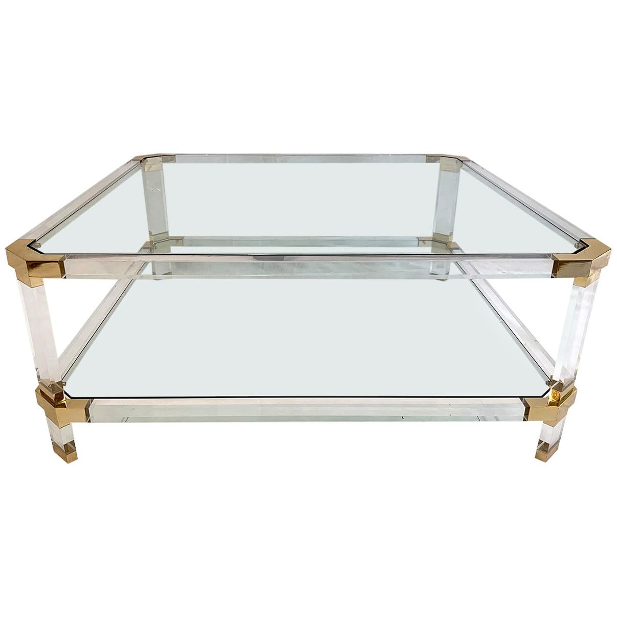 Large Square Coffee Table, Lucite and Brass, Italy, 1970 For Sale