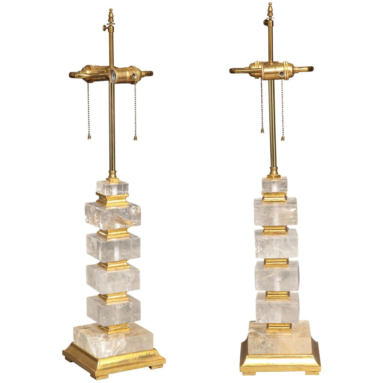 Fine Pair of Art Deco Style Giltwood and Rock Crystal Lamps, 20th Century