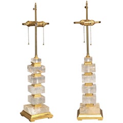 Fine Pair of Art Deco Style Giltwood and Rock Crystal Lamps, 20th Century