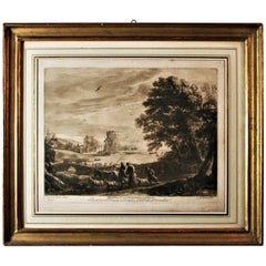 Gravure de Richard Earlom « Paysage » d'après Claude Le Lorrain, encadrée