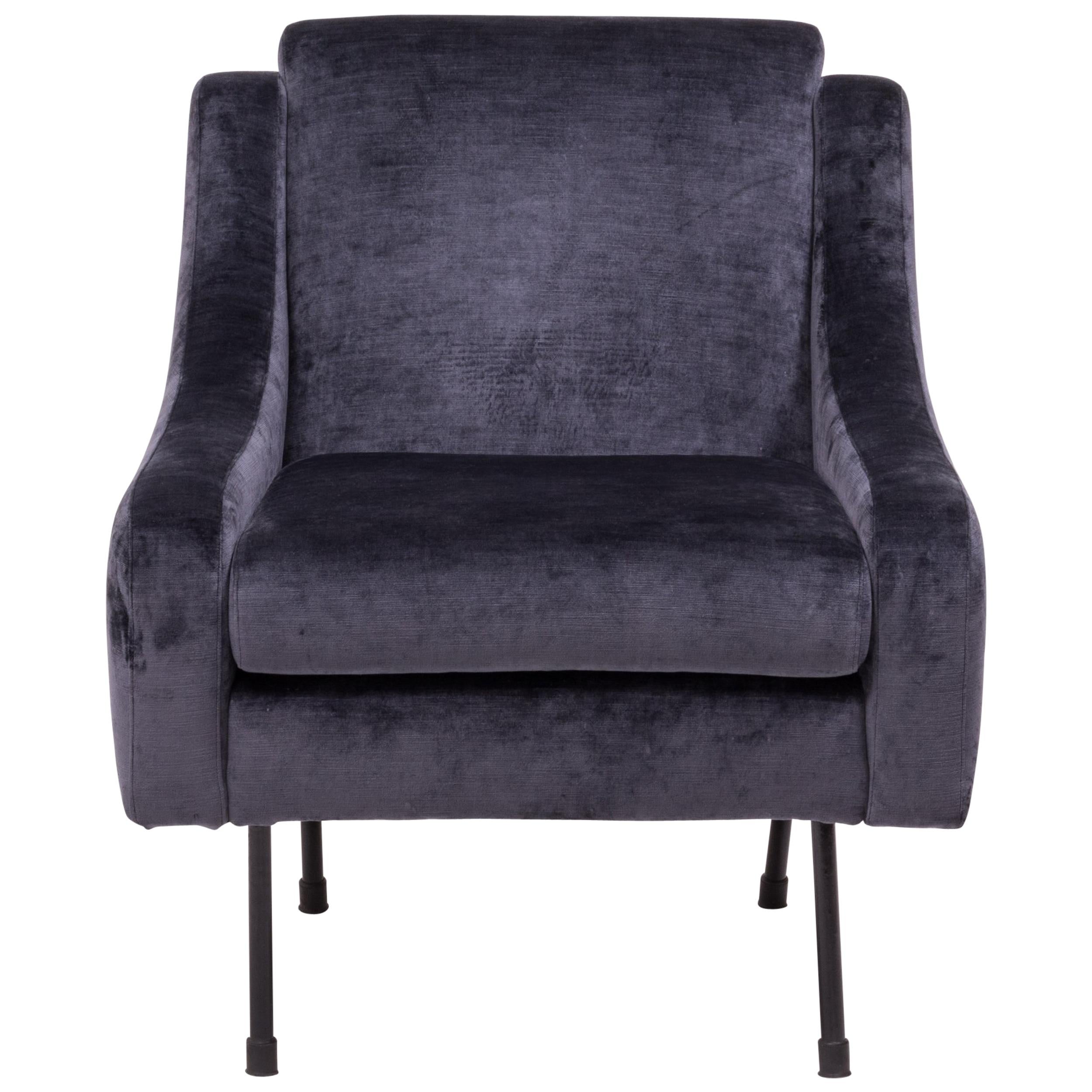 Midcentury Modern Dark Blue Velvet Armchair