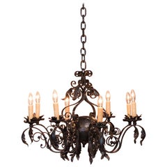 Antique French 8-Light Black Iron Chandelier