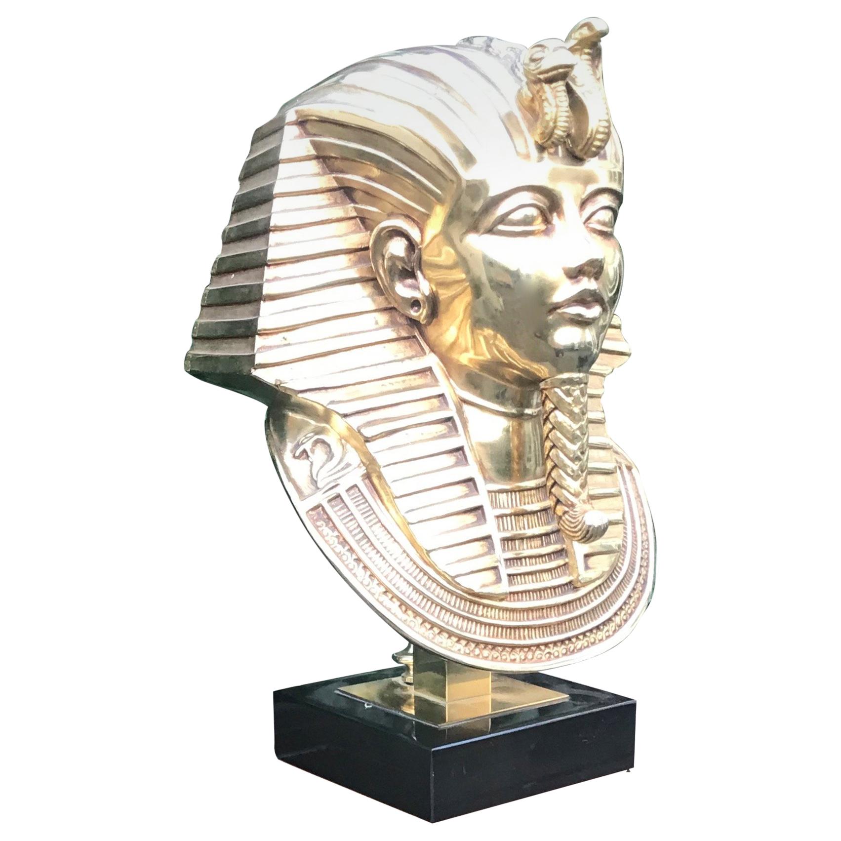 Stunning Pharaoh Toetanchamon Golden Coated Brass Bust Sculpture on Marble Base For Sale