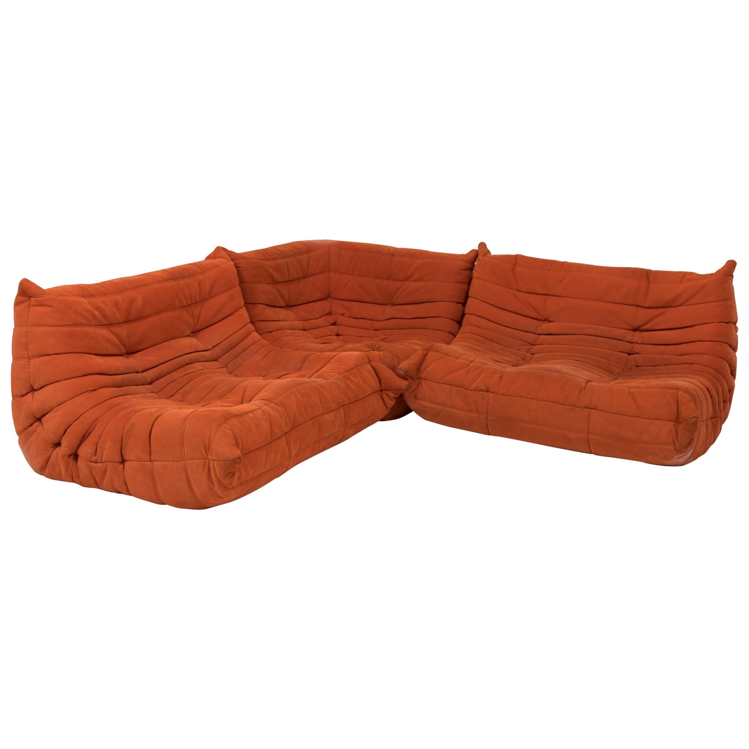 Togo Orange Fabric Sofa by Michel Ducaroy for Ligne Roset, Three-Piece Set