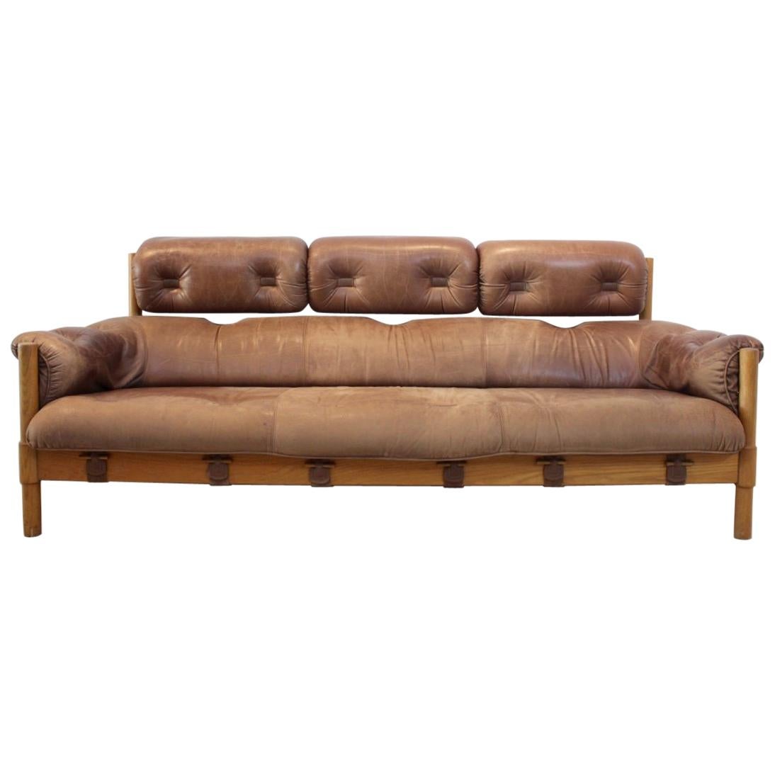 Brazilian Oak & Leather 3-Seat Sofa, 1970s