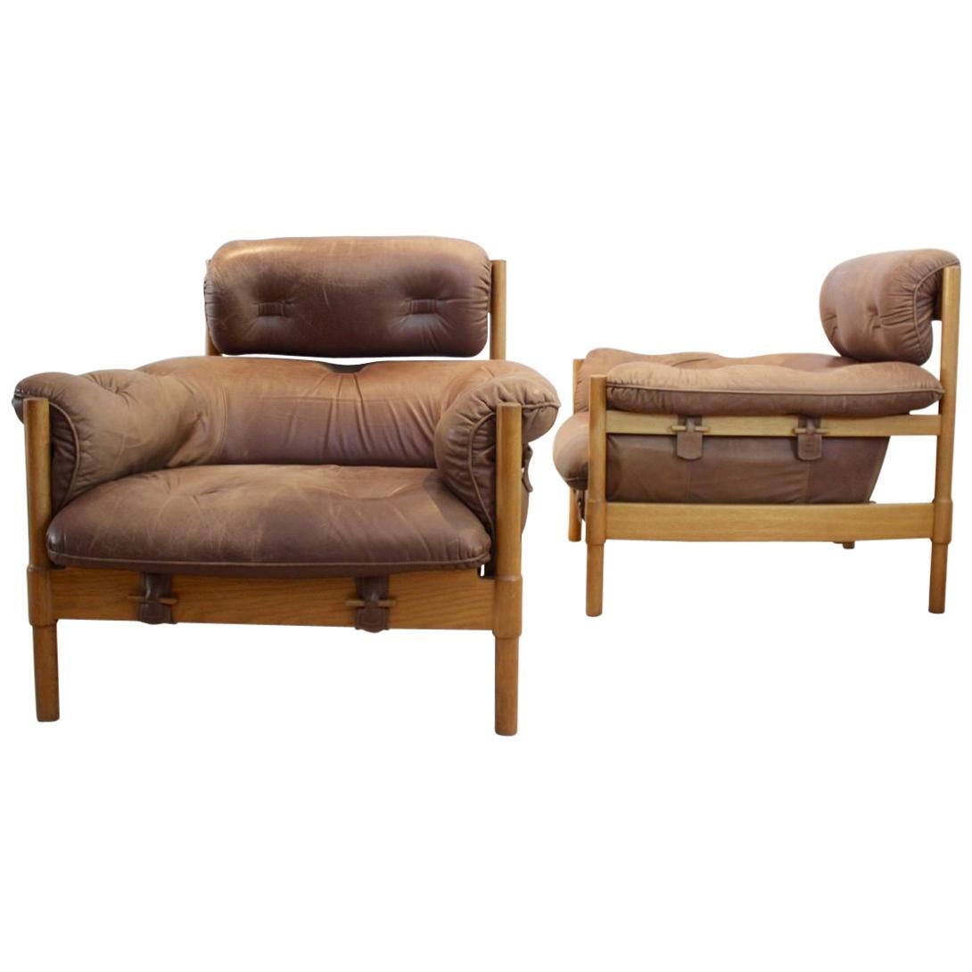 Brazilian Oak and Leather Pair of Lounge Chairs, 1970s