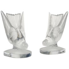 Pair of Lalique Crystal Bird Book Ends Sculpture Paperweight, France