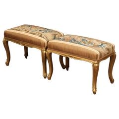 Pair of 19th Century Louis XV Carved Giltwood Stools with Aubusson Tapestry