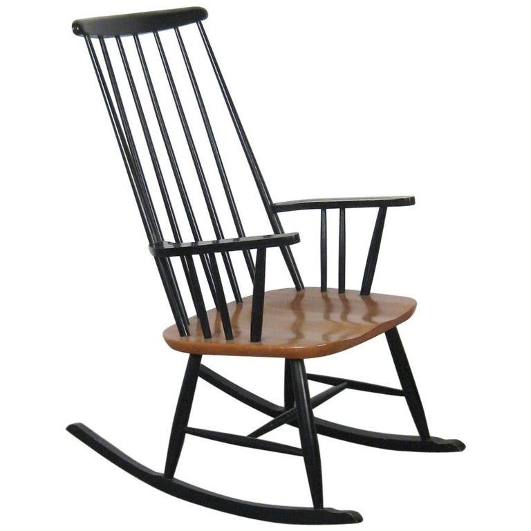 Scandinavian Modern Vintage Black Brown Wood Rocking Chair Ilmari Tapiovaara  For Sale at 1stDibs