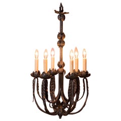 Antique 6-Light French Black Iron Chandelier
