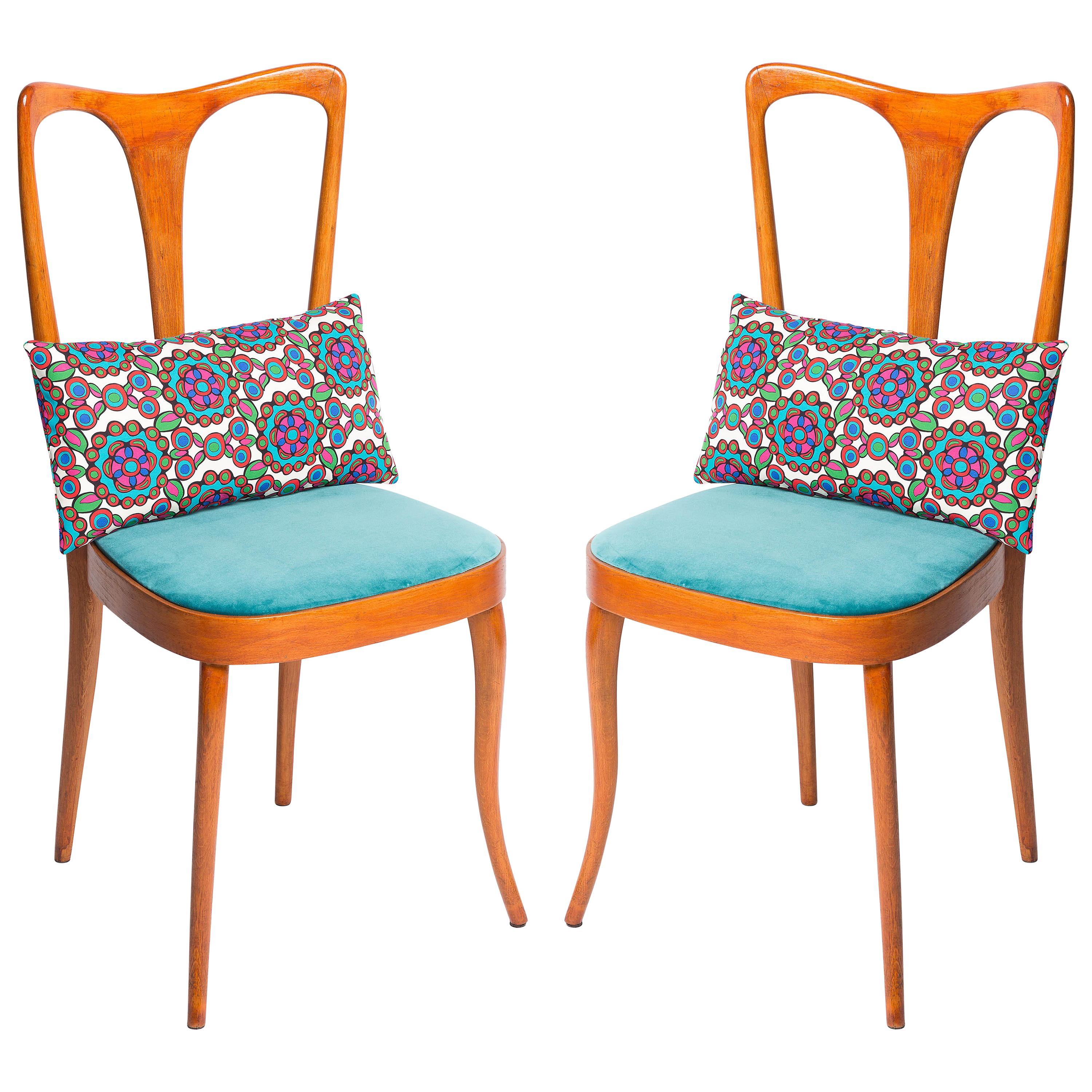 Four Midcentury Italian Birch Chairs with Vintage Print Pillows by LadoubleJ